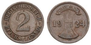GERMANY 2 reichspfennig 1924D / Weimar Republic / VF