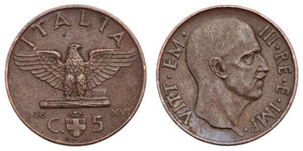 ITALY 5 centesimi 1938 VF
