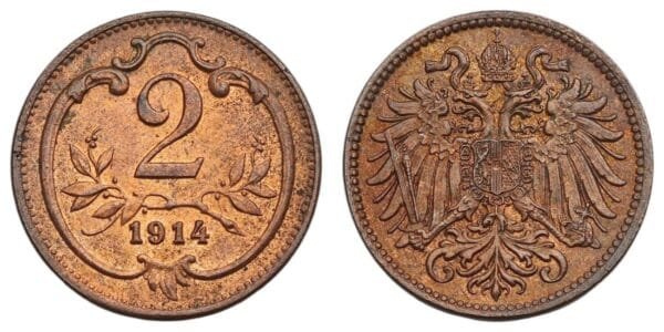 AUSTRIA 2 heller 1914 VF+