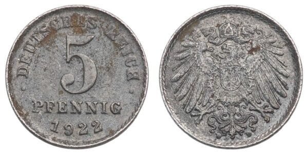 GERMANY 5 pfennig 1922 / Weimar Republic / VF
