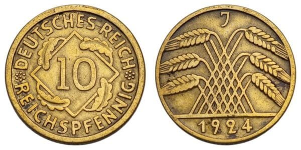 GERMANY 10 reichspfennig 1924J / Weimar Republic / VF