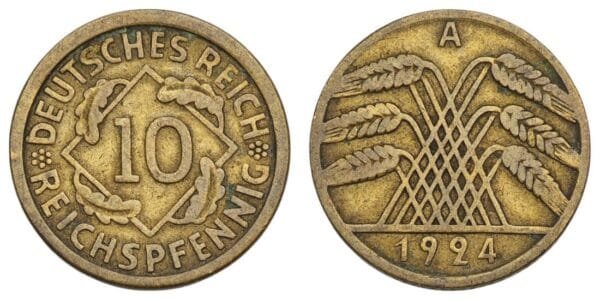 GERMANY 10 reichspfennig 1924A / Weimar Republic / VF