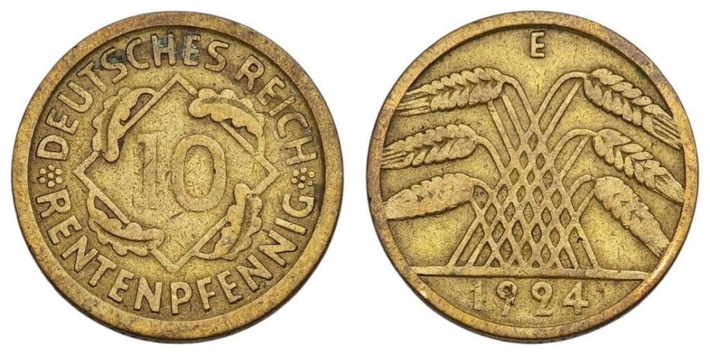 GERMANY 10 rentenpfennig 1924E / Weimar Republic / VF