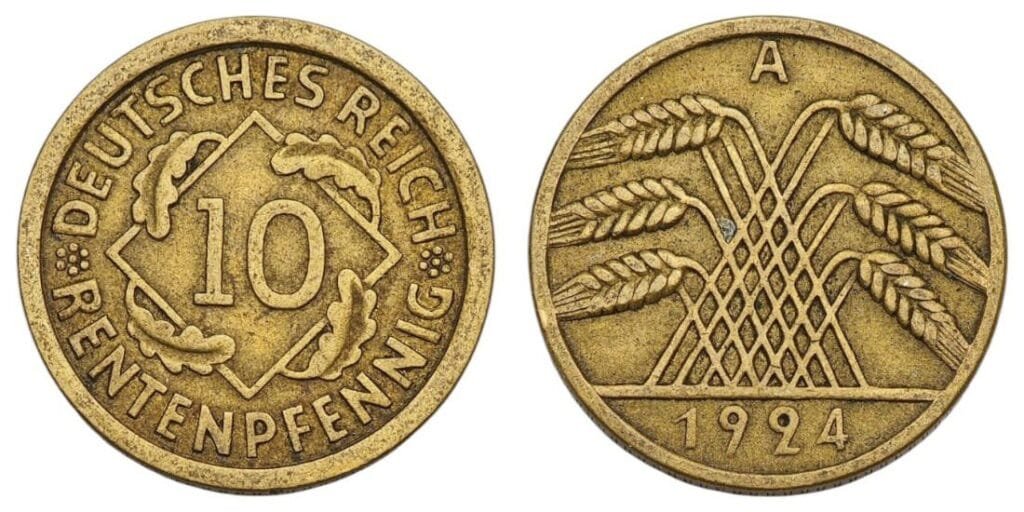 GERMANY 10 rentenpfennig 1924A / Weimar Republic / VF