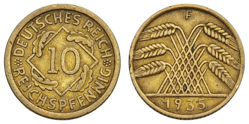 GERMANY 10 reichspfennig 1935F / 3rd Reich / VF