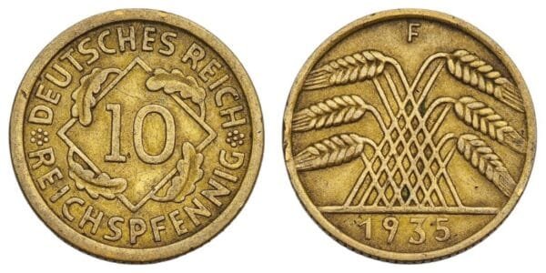GERMANY 10 reichspfennig 1935F / 3rd Reich / VF
