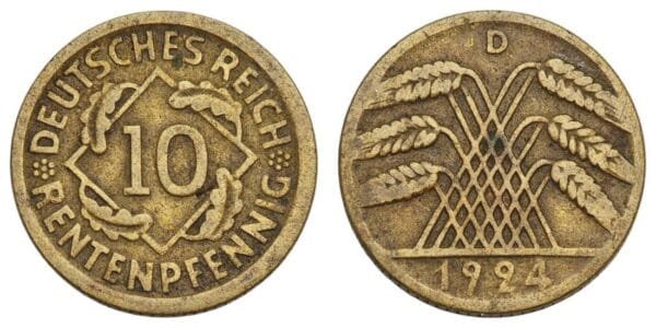 GERMANY 10 rentenpfennig 1924D / Weimar Republic / VF
