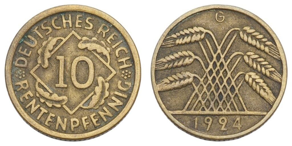 GERMANY 10 rentenpfennig 1924G / Weimar Republic / VF