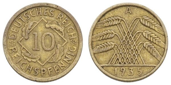 GERMANY 10 reichspfennig 1935A / 3rd Reich / VF