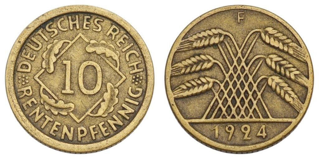 GERMANY 10 rentenpfennig 1924F / Weimar Republic / VF