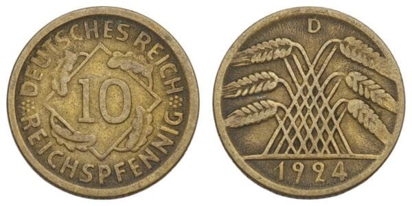GERMANY 10 reichspfennig 1924D / Weimar Republic / VF