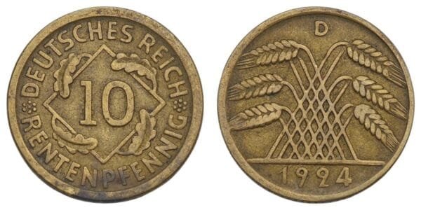 GERMANY 10 rentenpfennig 1924D / Weimar Republic / VF