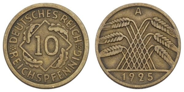 GERMANY 10 reichspfennig 1925A / Weimar Republic / VF