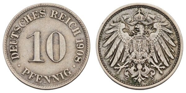 GERMANY 10 pfennig 1908D / Empire / VF