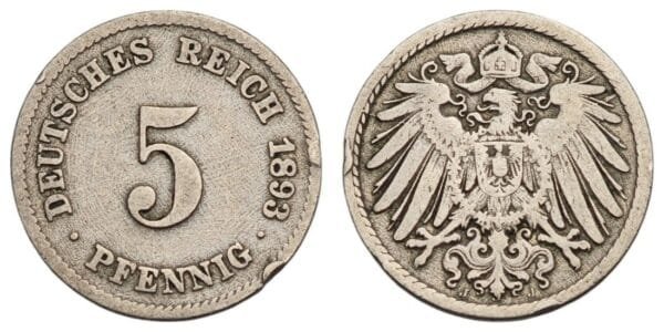 GERMANY 5 pfennig 1893J / Empire / VF
