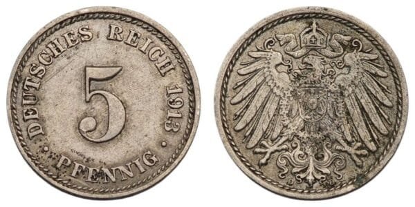 GERMANY 5 pfennig 1913D / Empire / VF
