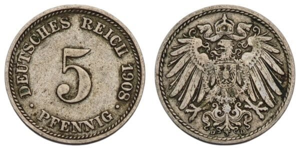 GERMANY 5 pfennig 1908D / Empire / VF