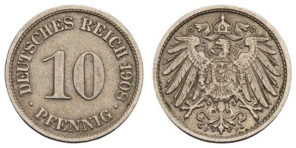 GERMANY 10 pfennig 1908F / Empire / VF