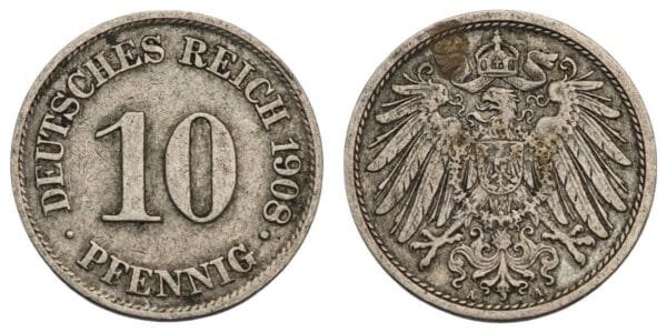 GERMANY 10 pfennig 1908A / Empire / VF