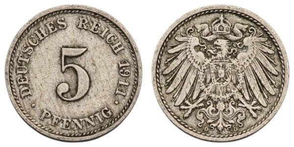 GERMANY 5 pfennig 1911D / Empire / VF