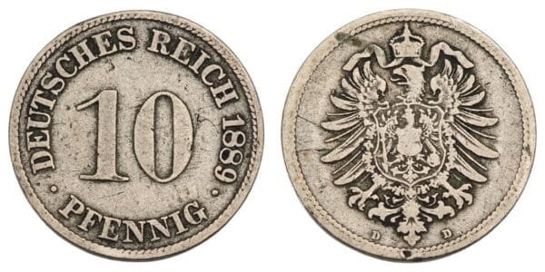 GERMANY 10 pfennig 1889D / Empire / VF