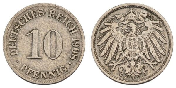 GERMANY 10 pfennig 1908D / Empire / VF