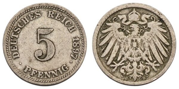 GERMANY 5 pfennig 1897D / Empire / VF