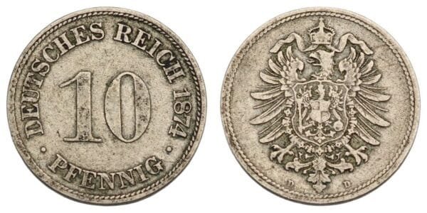 GERMANY 10 pfennig 1874D / Empire / VF