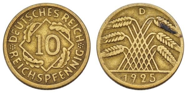 GERMANY 10 reichspfennig 1925D / Weimar Republic / VF-