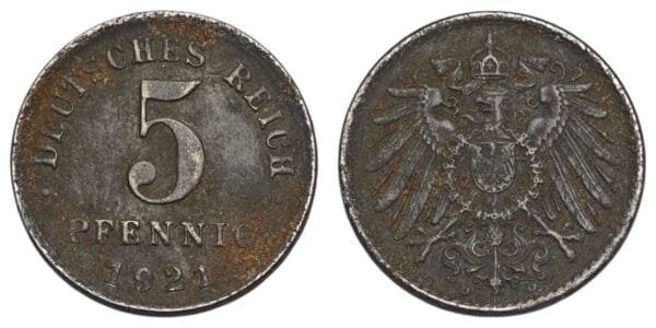 GERMANY 5 pfennig 1921 / Weimar Republic / VF-