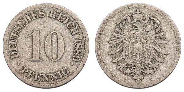 GERMANY 10 pfennig 1889G / Empire / VF