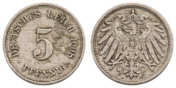 GERMANY 5 pfennig 1908A / Empire / VF-