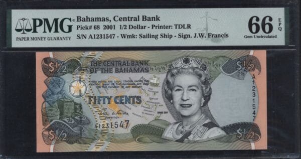 BAHAMAS 1/2 dollar 2001 PMG 66 EPQ