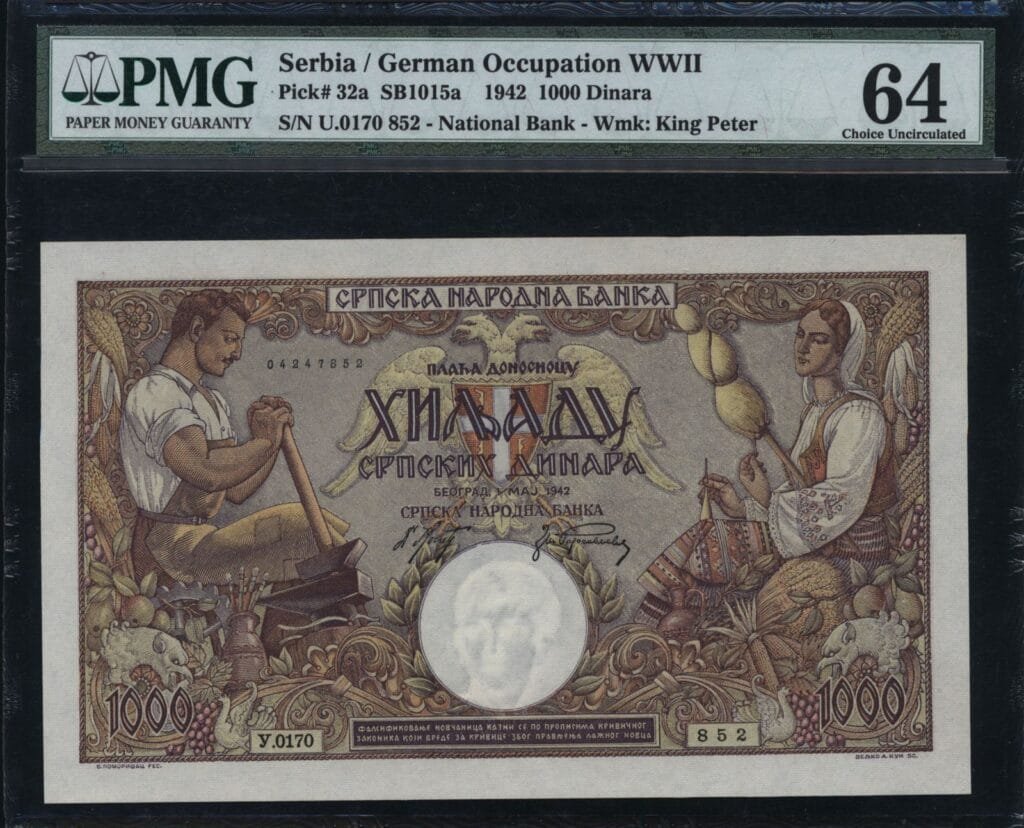 SERBIA 1000 dinara 1942 / WWII issue / PMG 64