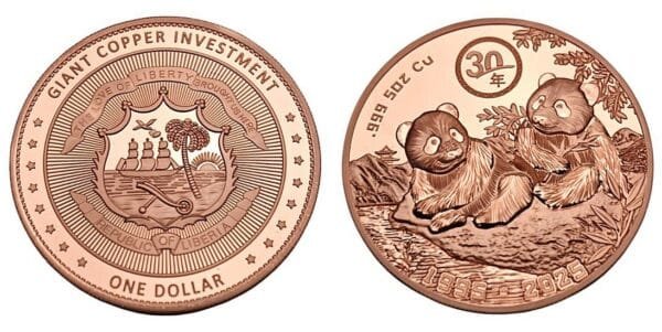 LIBERIA 1 dollar 2025 / 65 mm / 155,50 g / 5 oz .999 Copper Investment Coin / Pandas / UNC