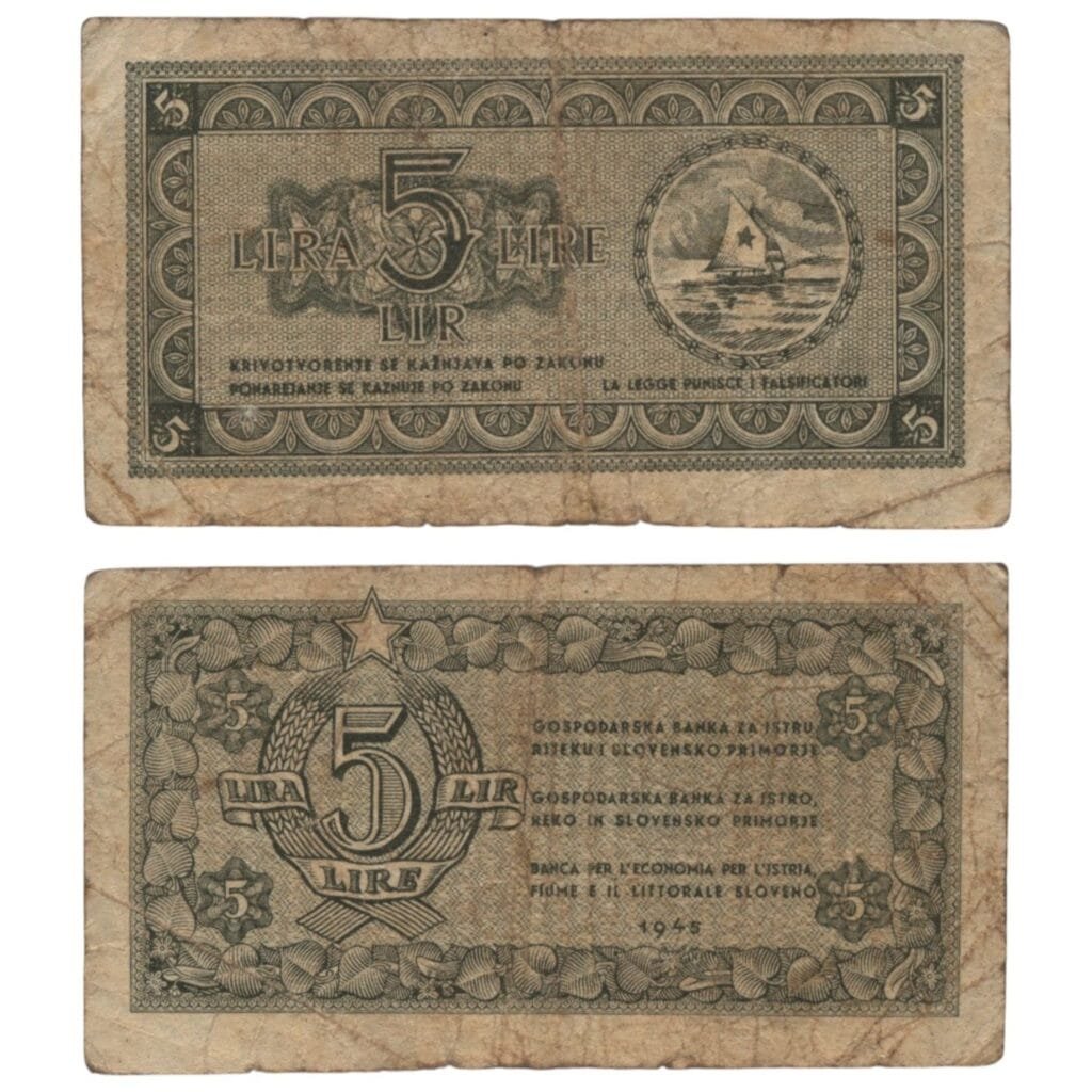 YUGOSLAVIA 5 lira 1945 / Economy Bank for Istra, Rijeka and Slovenian Littoral Region / F