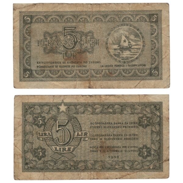 YUGOSLAVIA 5 lira 1945 / Economy Bank for Istra, Rijeka and Slovenian Littoral Region / F