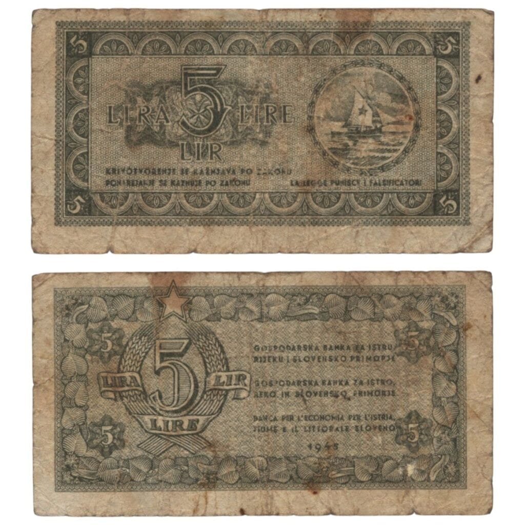 YUGOSLAVIA 5 lira 1945 / Economy Bank for Istra, Rijeka and Slovenian Littoral Region / F