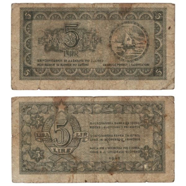 YUGOSLAVIA 5 lira 1945 / Economy Bank for Istra, Rijeka and Slovenian Littoral Region / F