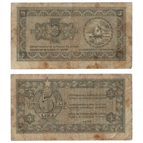 YUGOSLAVIA 5 lira 1945 / Economy Bank for Istra, Rijeka and Slovenian Littoral Region / F-