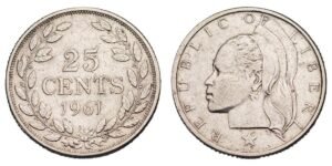 LIBERIA 25 cents 1961 / Silver / VF