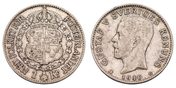 SWEDEN 1 krona 1940 / Silver / VF