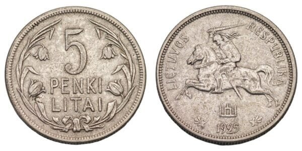 LITHUANIA 5 litai 1925 / Silver / VF+