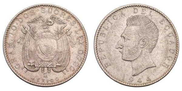 ECUADOR 2 sucres 1944 / Silver / XF