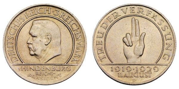 GERMANY 3 reichsmark 1929D / 10th Anniversary of the Weimar Constitution / Silver / UNC