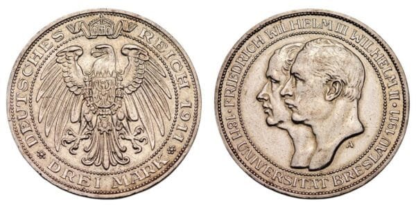 GERMANY 3 mark 1911A / Centennial of the Breslau University / Silver / XF+