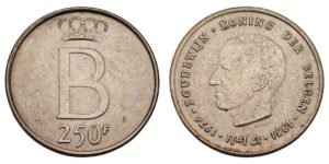 BELGIUM 250 francs 1976 / 25th Anniversary of Accession of Baudouin I / Dutch text / Silver / UNC-