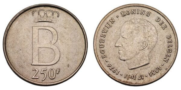 BELGIUM 250 francs 1976 / 25th Anniversary of Accession of Baudouin I / Dutch text / Silver / UNC-