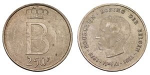 BELGIUM 250 francs 1976 / 25th Anniversary of Accession of Baudouin I / Dutch text / Silver / UNC-