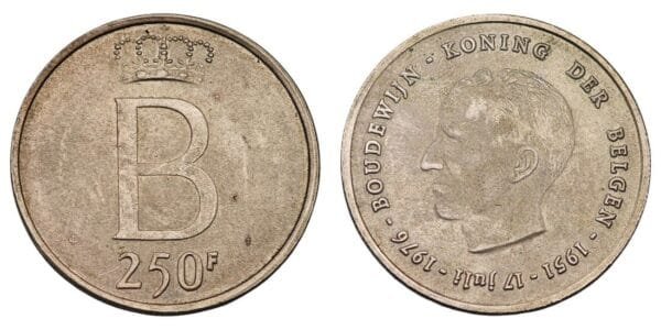 BELGIUM 250 francs 1976 / 25th Anniversary of Accession of Baudouin I / Dutch text / Silver / UNC-